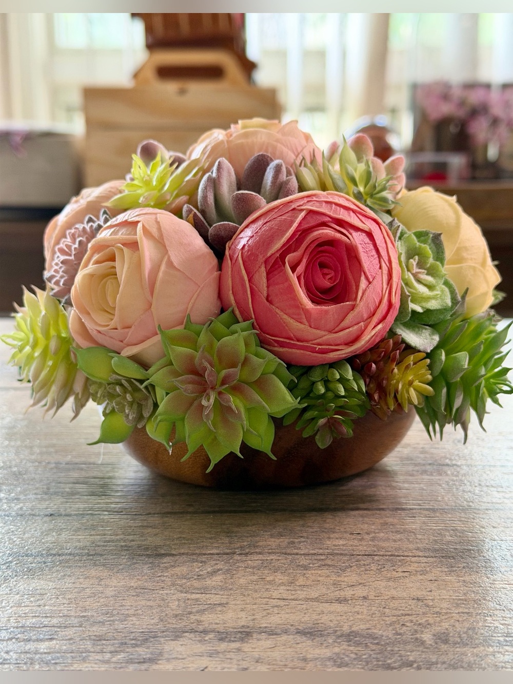 Handcrafted Faux Succulent and Ranunculi Arrangement in Wooden Bowl (Glass Dome)